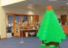Holiday decorations adorn the library