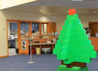 Holiday decorations adorn the library